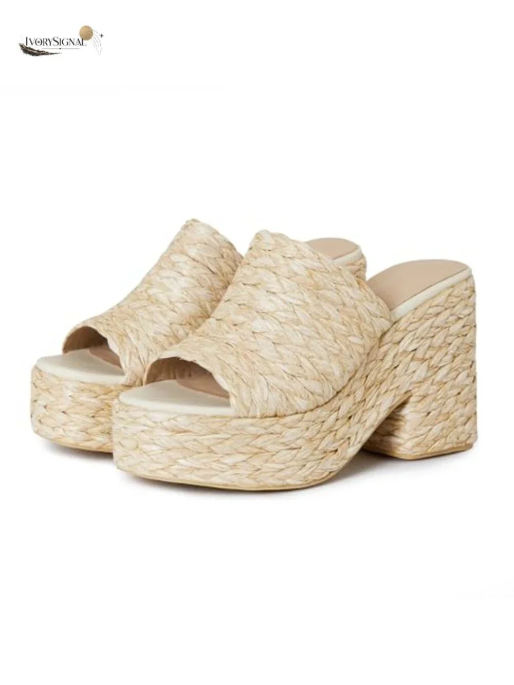 Raffia Wedge Sandals Open Toe Chunky Heeled Espadrilles Summer Boho Shoes